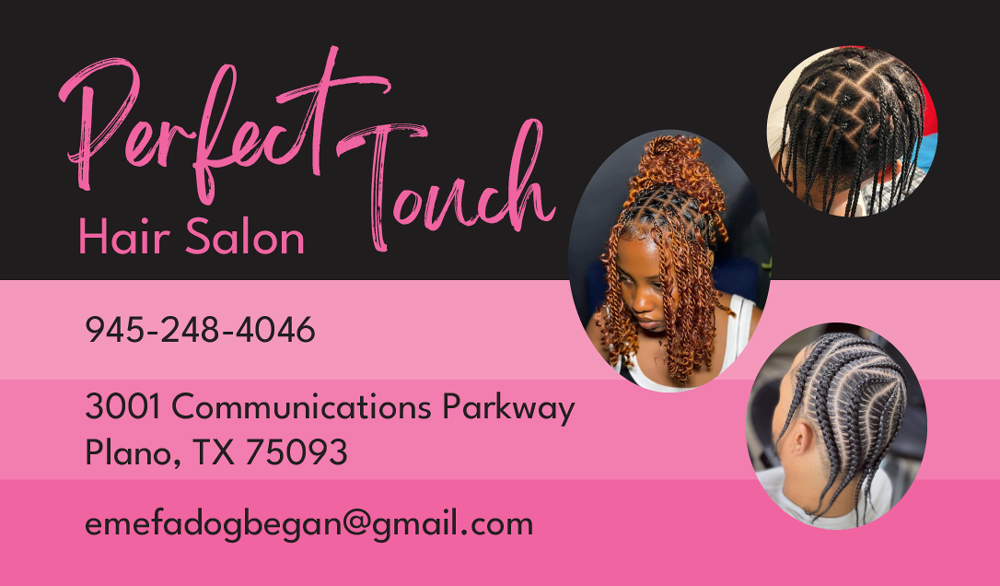 Perfect Touch hair salon business card side one